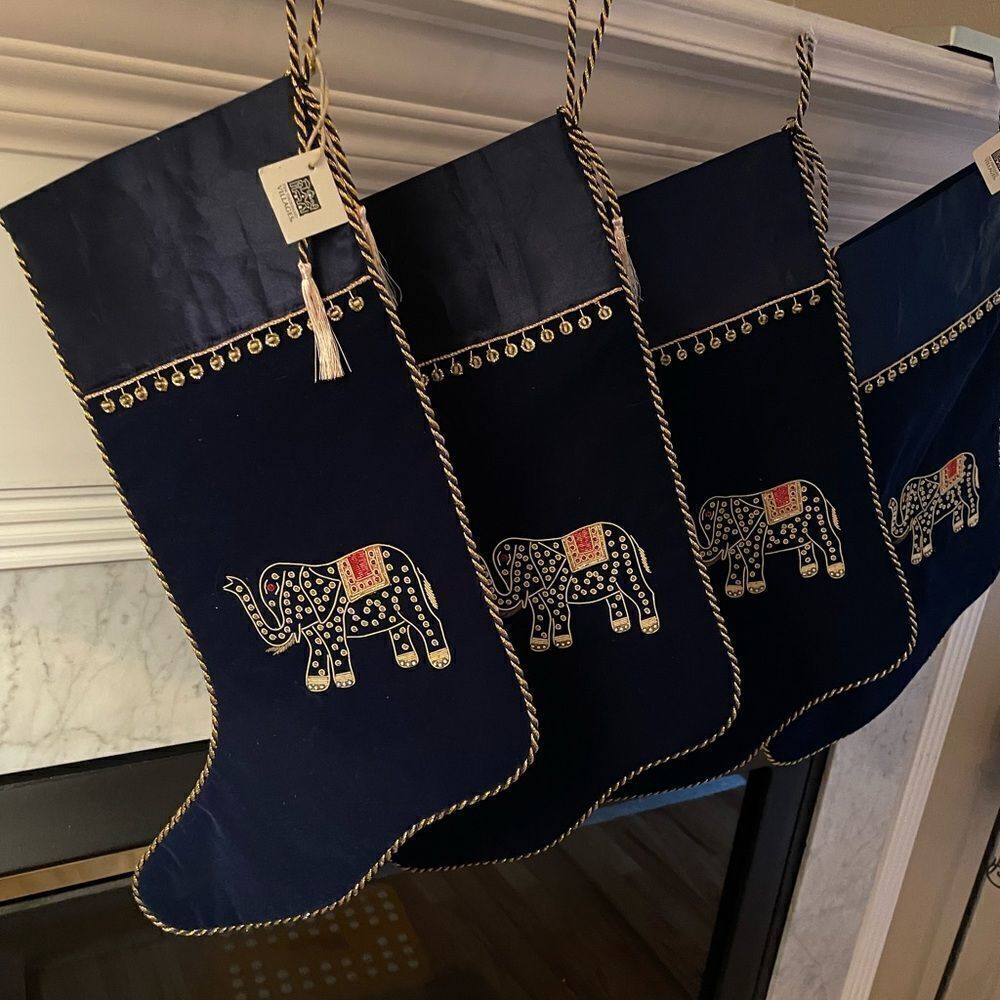 Ten Thousand Villages Beaded Elephant Velour Dark Blue and Gold Stockings x 4